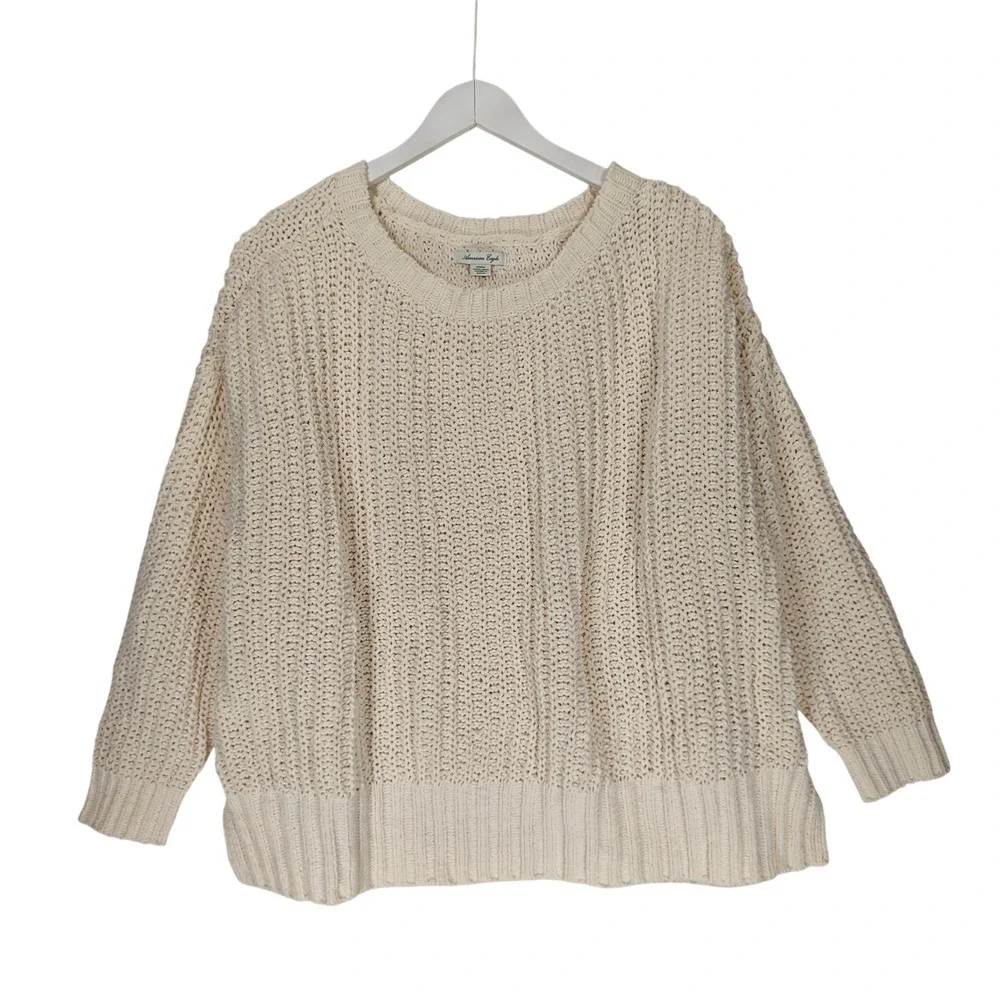 American Eagle Chenille Sweater Medium Cream Oversized Chunky Knit Pullover